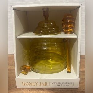 NEW Glass Honey Jar With Glass Dipper Honey Bee Hand-Crafted 16oz.